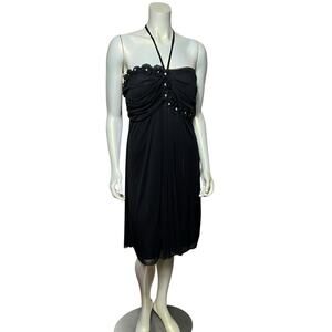 Black Formal Halter Cocktail Dress Rhinestone Flower Embellished Party Dress